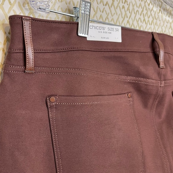 NWT Chico's Brown Five Pocket Ponte Faux Leather Slim Leg Front Pant Size 3R/16R - Picture 8 of 12